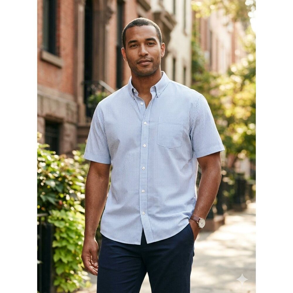 Croft & Barrow Shirt XXL Blue White Gingham Check Short Sleeve Easy Care Pocket
